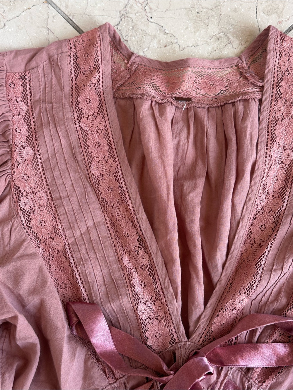 Free People Mauve Lace-Trim Puff Sleeve Blouse - Picture 2 of 4